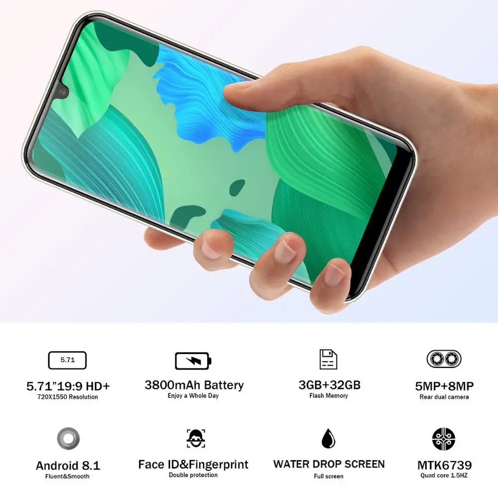 TEENO Vmobile A60 мобильный телефон Android 8,1 5,7 'HD+ Водонепроницаемая 2.5D экран 8MP двойная камера 3800 мАч 3 Гб ram 4G Celular смартфон