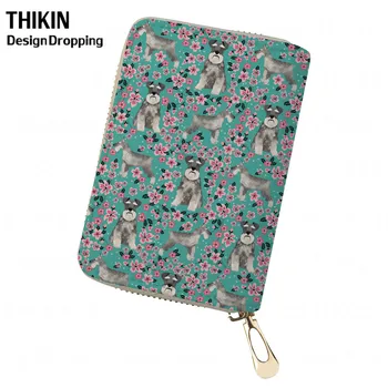 

THIKIN Schnauzer Sakura Print Women Card Holder for Cards Ladies PU Leather Passport Holder with Zipper Cute Travel Coin Wallet