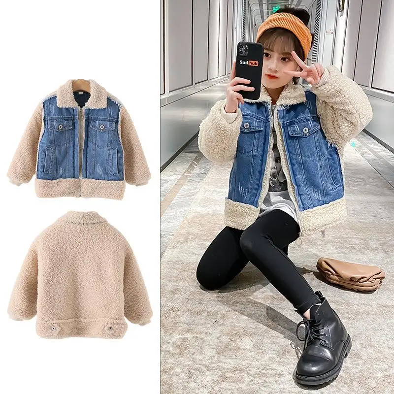 

Teenage Girls Chic Patchowrk Lambswool Denim Jacket Children Lapel Long Sleeve Casual Warm Coat Winter Fashion Kid Outerwear Top