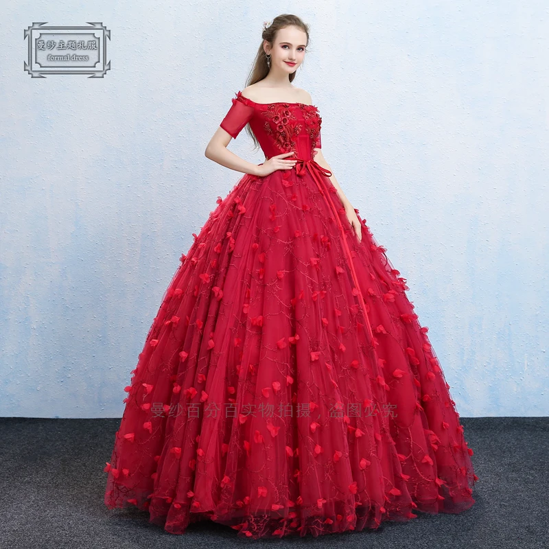 

Luxury Red Petals Embroidery Beading Barcoque Cosplay Gown Medieval Dress Renaissance Queen Victorian Belle Long Dress