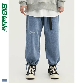 

BIG LABLE 2019 AW Mens Relaxed Mens Ankle-tied Jeans In Blue Men Loose Fit Straight Ankle-tied Jeans Streetwear 93388W