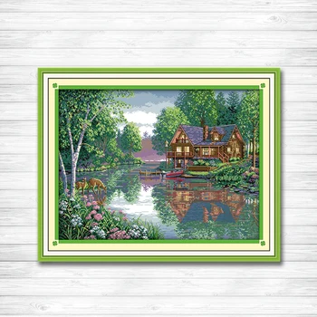 

Leisure hut riverside cabin home Scenery Counted print on canvas DMC 14CT 11CT DMS Cross Stitch Needlework kits Embroidery Sets