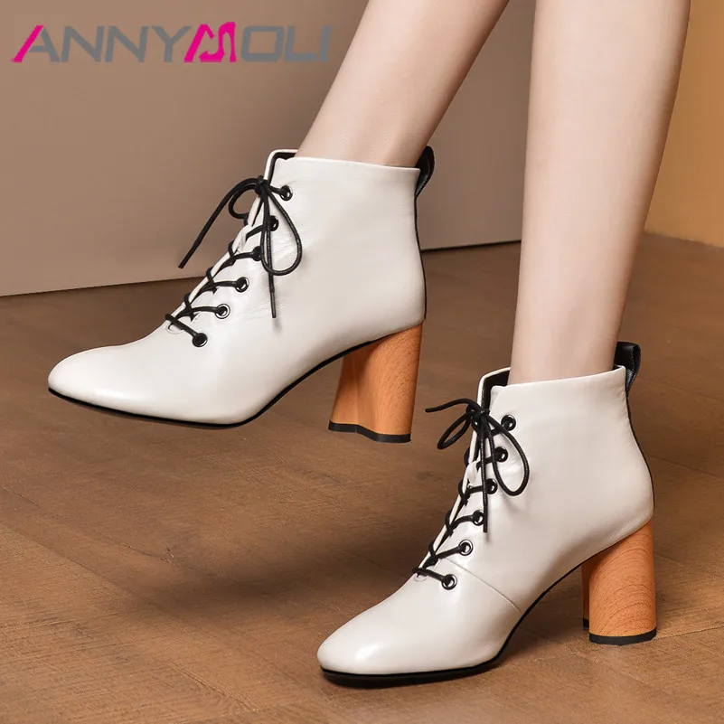 

ANNYMOLI Winter Sheepskin Ankle Boots Women Natural Genuine Leather High Heel Short Boots Round Toe Shoes Ladies Fall Size 34-39
