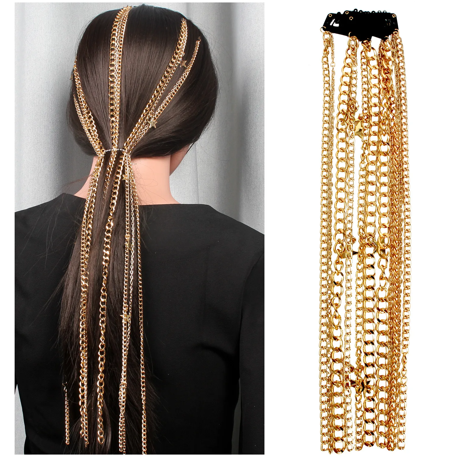 Модные металлические длинные цепочки для волос аксессуары для женщин 00s девочек хип-хоп Плетеный головной убор золотая бижутерия-цепочка для волос стиль