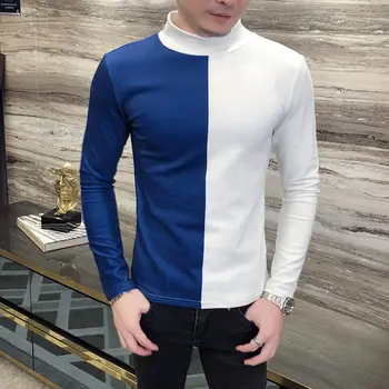 

Black White T-shirt Men Club Outfits Long-sleeved Turtleneck T Shirt Homme Slim Fit Tee Contrast Stitching Royal T Shirt Men