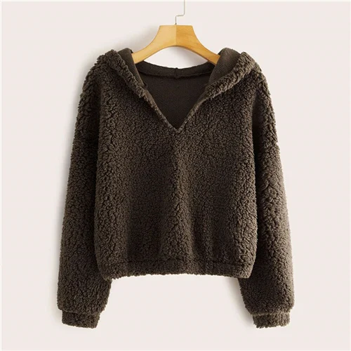 Brown2 SHEIN однотонная толстовка с капюшоном и спущенным плечом, пуловер для женщин, Осень-зима, базовый v-образный вырез, укороченные повседневные толстовки - Цвет: Brown2