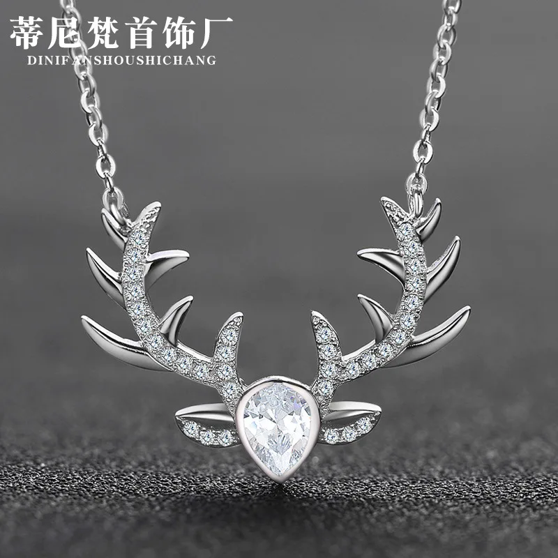 

S925 Fine Silver Inlaid Zircon Jewelry MORI Series Hipster Necklace Choker Elk Horn Deer You Necklace Women's