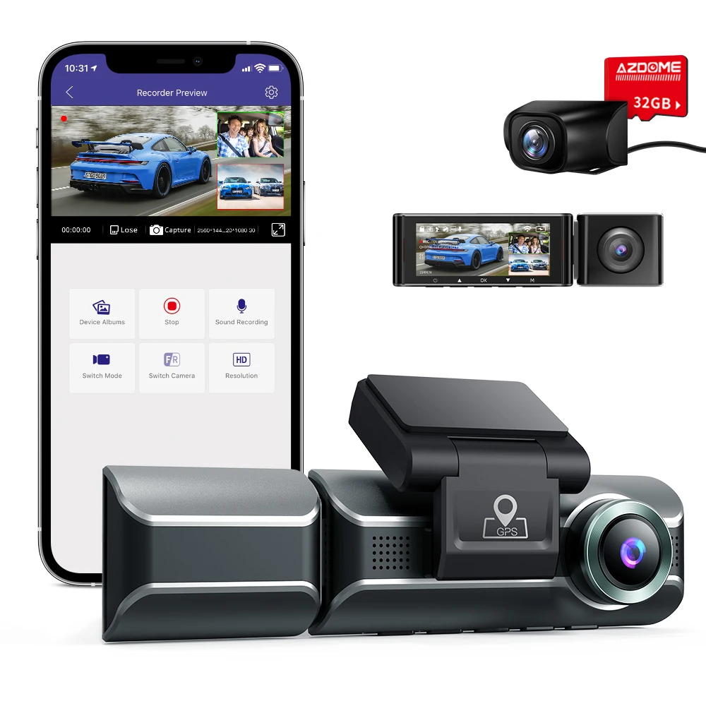 AZDOME M550 Dash Cam 3 Channel 4K+1080P Dual 3.19&quot IPS Built in WiFi GPS with 64GB Card，IR Night Vision Super Farad Capacitor |