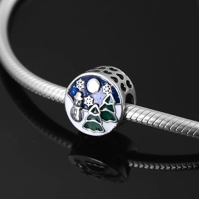 Оригинальные подвески-шармы Pandora из стерлингового серебра 925 пробы с эмалью снежной страны, браслеты с подвесками, изготовление ювелирных изделий из драгоценных камней