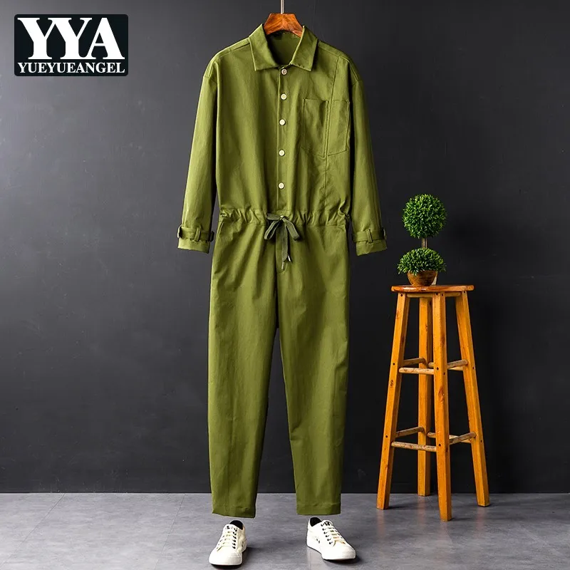 Харадзюку мужские повседневные свободные комбинезоны с длинным рукавом однобортный Топ с завязками на талии длинные брюки мужские брюки карго комбинезоны