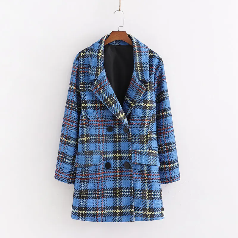 

Vintage Chic Women Blue Plaid Double Breasted Tweed Jacket Autumn Winter Long Jackets Fashion Female Coat Outerwear