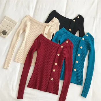 

2020 Spring Autumn Solid Button Skew Collar Women Sweaters Stretch Slim Casual Knitting Sweater Ladys Knitted Sweater