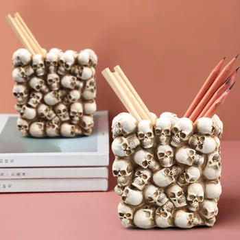 

3D Skull Desk Organizer Container Creative Flower Makeup Holder Pen Stationery Pot for Household Bedroom Decoration