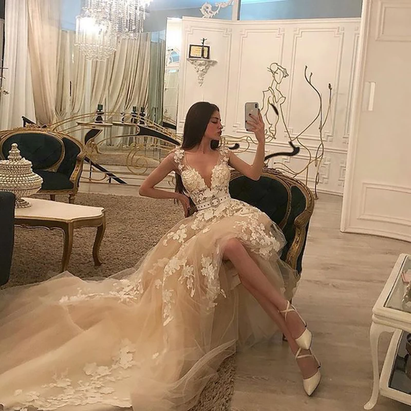 

Женское винтажное свадебное платье Glam, длинное ТРАПЕЦИЕВИДНОЕ ПЛАТЬЕ С V-образным вырезом и поясом, расшитое 3D аппликацией, 2022