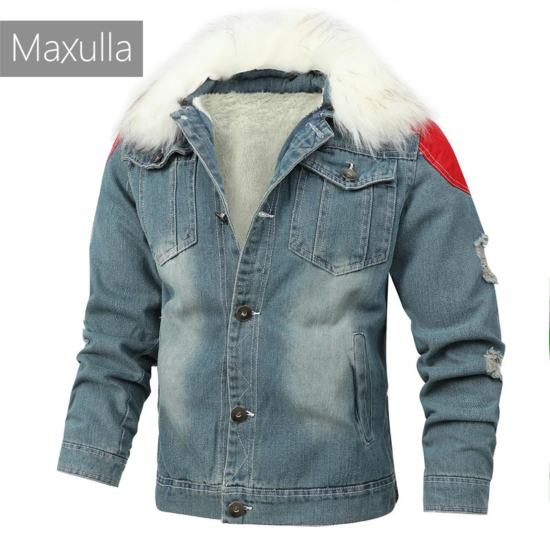 

Maxulla Men's Denim Coat Fur Collar Winter Mens Cotton-padded Casual Jacket Male demin Motorcycle Clothing Mla072