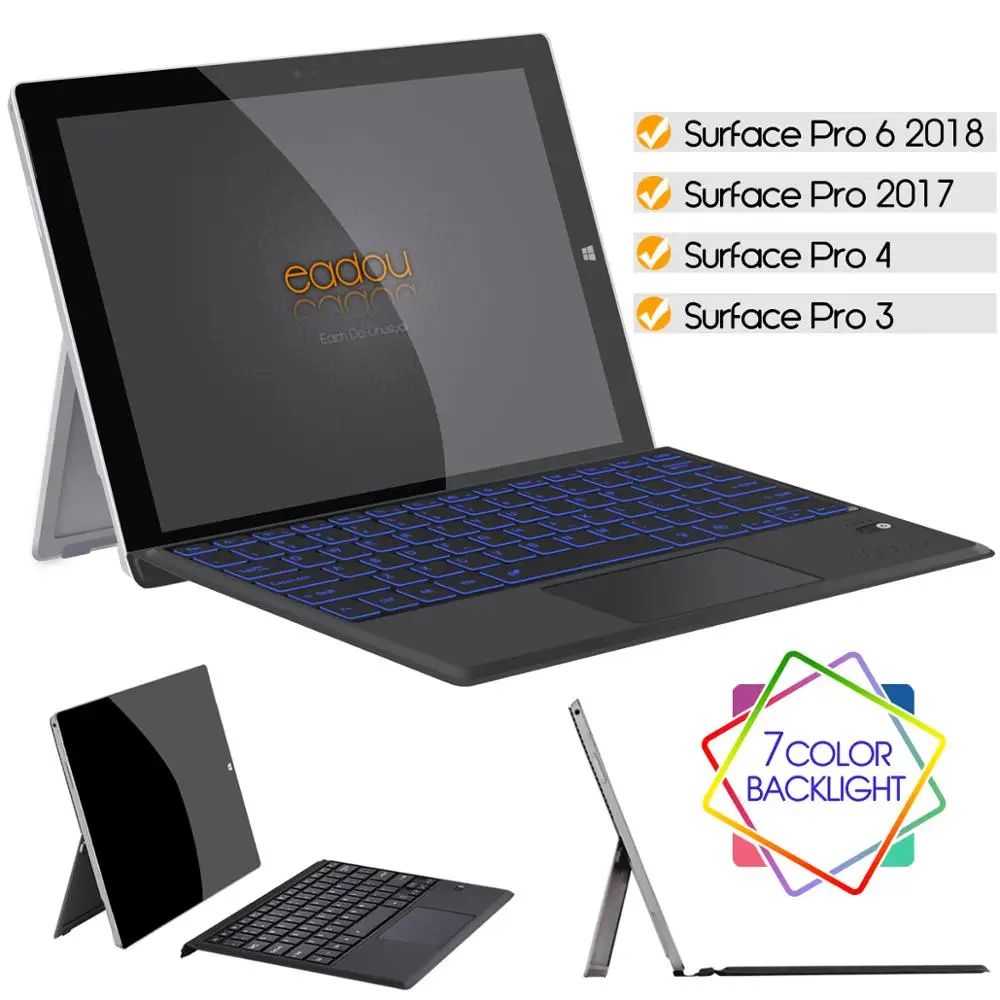

Surface Pro 6 / pro 5 (2017) / 4 / 3 Cover, EADOU Case with Keyboar, 7-Color LED Backlit, Lightweight Slim Wireless/BT Keyboard