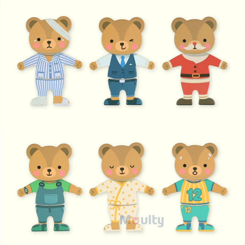 Moulty Magnetic Puzzles Bear Dress up Puzzles With Storage Case Changing 6 Suits Wooden Toys For Kids Professional Dressing Box 4