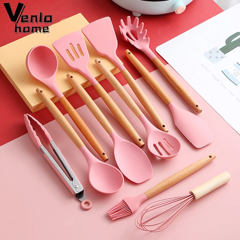 12pcs Silicone Cooking Utensils Set, Heat Resistant Silicone Kitchen  Utensils for Cooking, Kitchen Utensil Spatula Set with Wooden Handles and  Holder, Gadgets for Non-Stick Cookware, Green