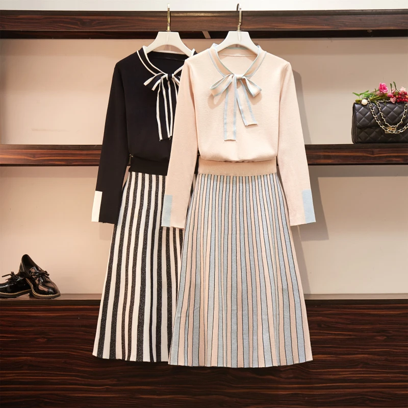 

Autumn new women's bow knit suit skirt two-piece suit