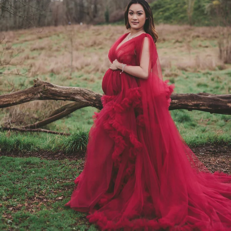 

Red Maternity Dress Robes for Photo Shoot or Baby Shower Ruffle Tulle Chic Prom Dresses Nightgown Photography Robe