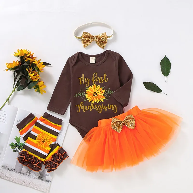 

Fashion Girl Clothes Set Spring Autumn Leisure Baby Girl Printing Skirt And Headband And Stockings Kids Four-piece Outfit Set