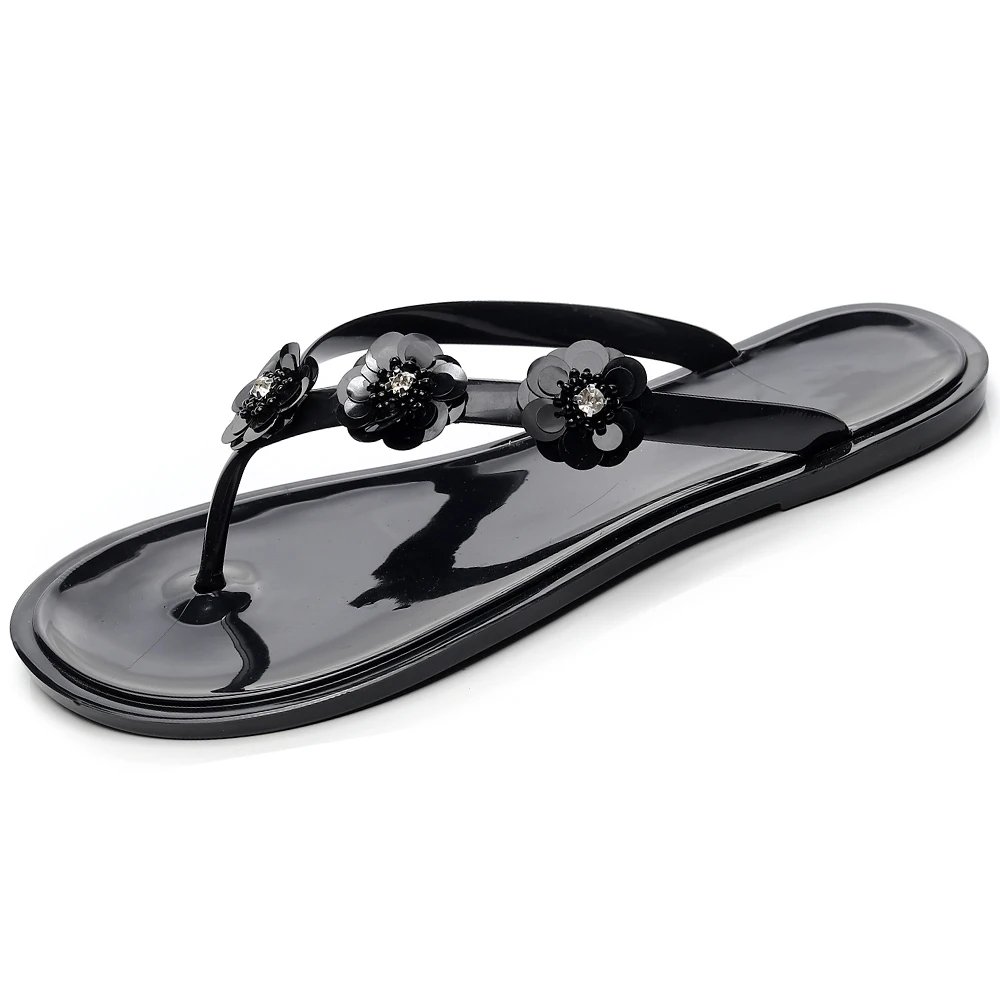Black Summer Women Sequin Flower Flip Flops Casual Beach Slippers Female Open Toe Shoes Outdoor Flat Sandals Fashion Soft Jelly Slides - Цвет: Black