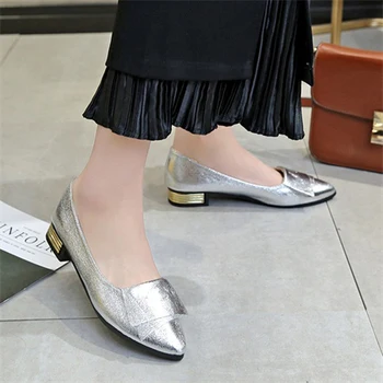 

2019 New Spring Women Shoes Female Gold Low Square Heels Shallow Pumps Slip On Pointed Toe Solid Ladies Casual Shoes Plus Size