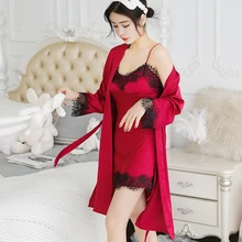 Пижамы женские летние сандалии; пикантные подтяжки Ночная рубашка шелк с длинными рукавами костюм из двух предметов, с тонким кружевным Домашняя одежда Повседневное детский пижамный комплект из 2 предметов пижама