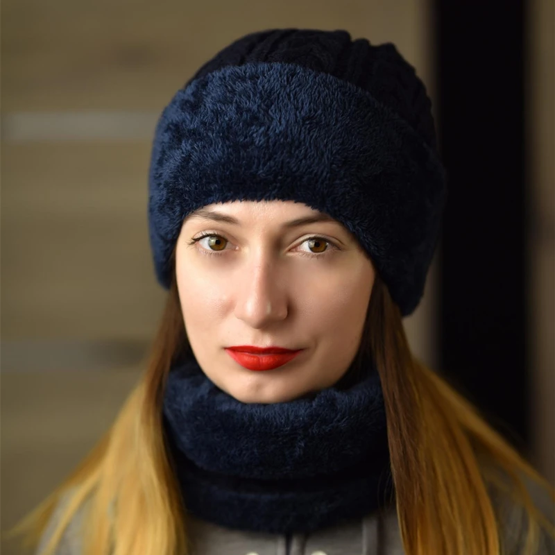 Unisex Plush Fleece Lined Winter Hat Thicken Warm Knitted Suit Set Soft Stretch Winter Hats For Men Women Leisure Beanie Cap