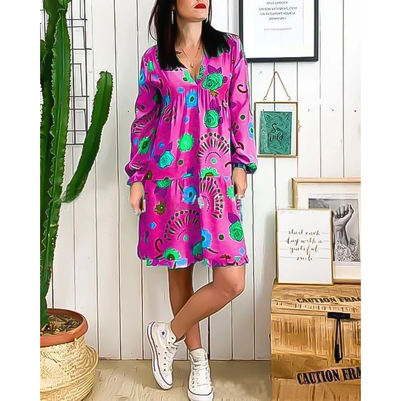 

Pregnancy Dress Women Printed Ruffled Dress Long Sleeve V-neck Plus Size Dress Boho Style Vintage Maternity Clothes