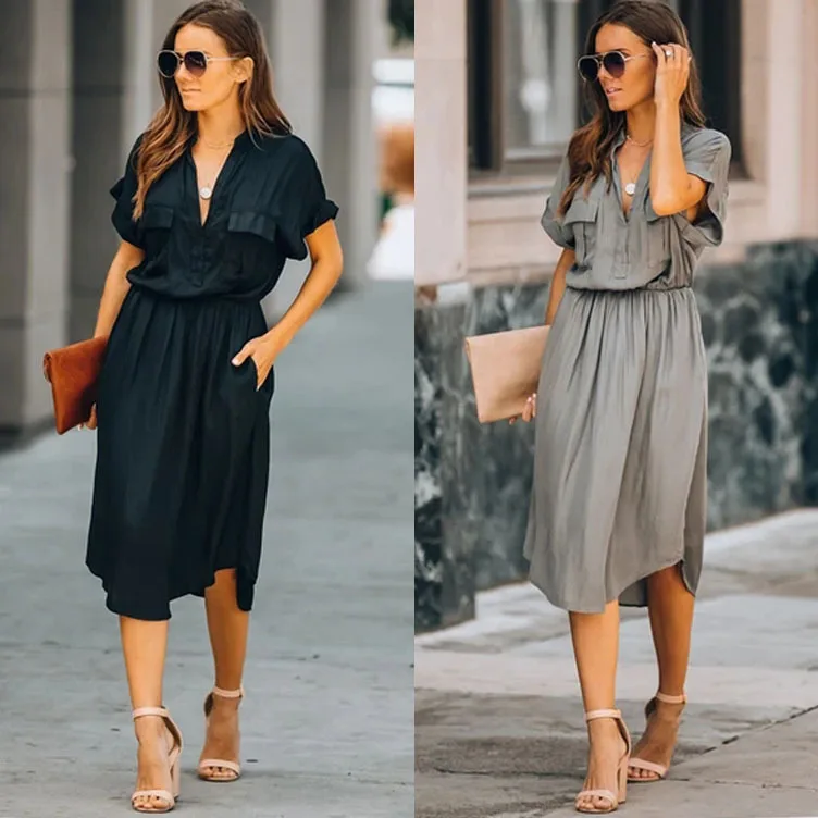 

Simple Solid Color Women Dresses Elegant Office Shirt Dress Short Sleeve Casual Dresses Vestidos 2020 Summer Elastic Waist Dress