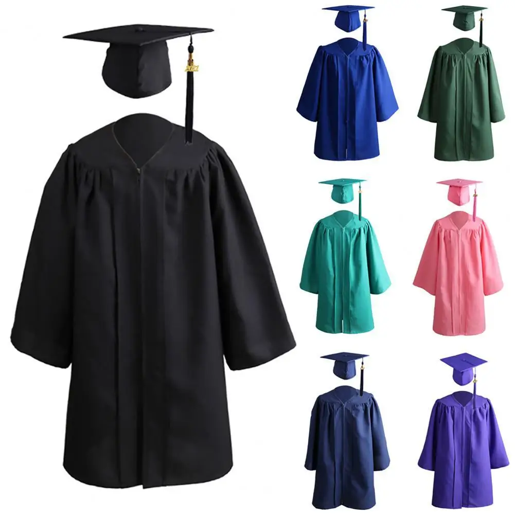 2Pcs/Set Graduation Gown Long Sleeve Zipper Closure Loose Children School 2023 Graduation Cap Gown Suit for Ceremony