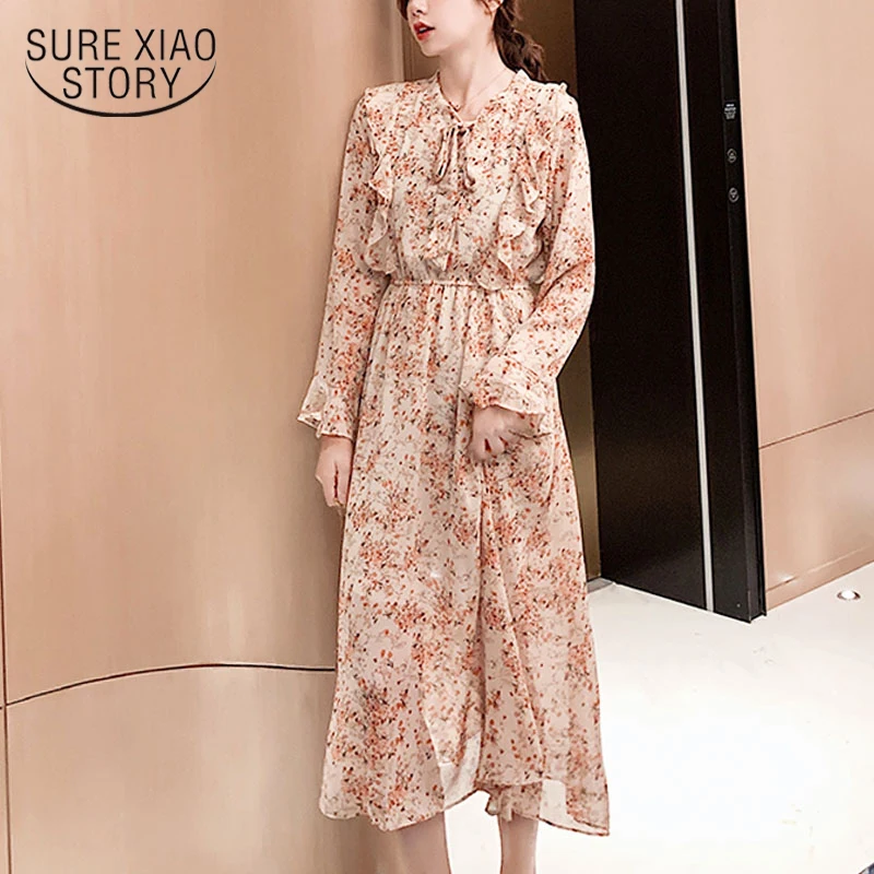 Women Dress 2020 Spring Print Long Sleeve Bow Flare Sleeve A-Line Chiffon Elegant Dress Women Ruffles Empire Dresses 8549 50