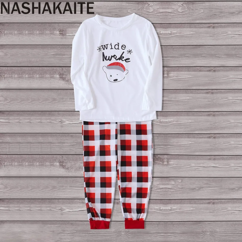 Nachakaite/рождественские пижамы для всей семьи, милый комплект одежды в клетку с принтом «проснувшись», «Мама и я», одинаковые комплекты для папы и сына