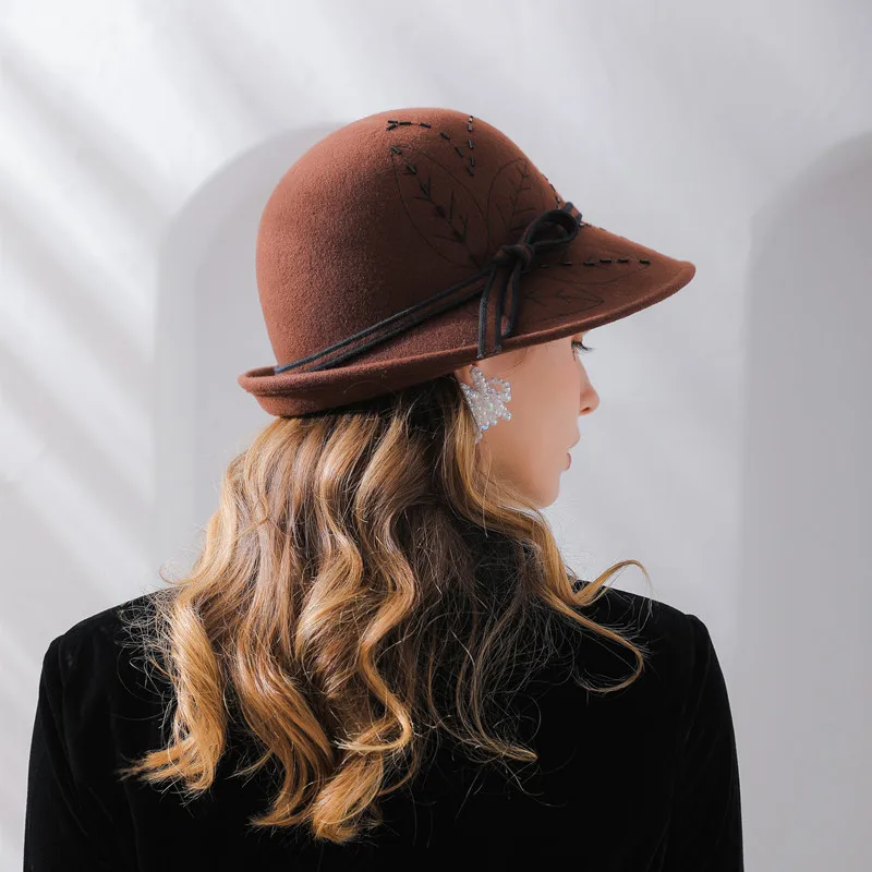 Женская осенне-зимняя новая Вышитая шерстяная шапка ручной работы из бисера женская фетровая шляпа круглая через шляпу для завивки