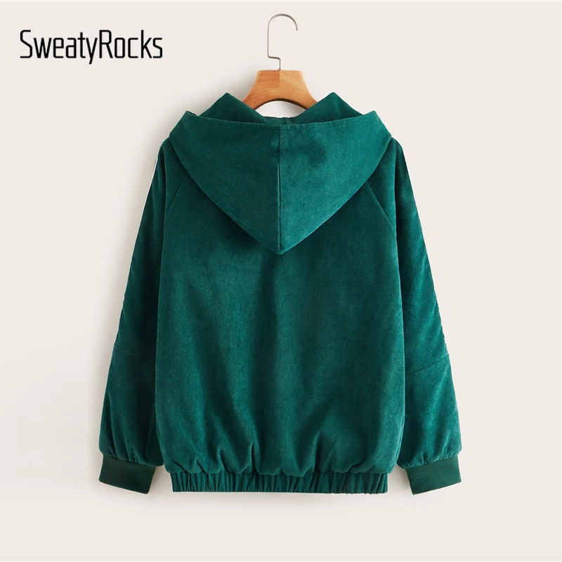 SweatyRocks, зеленая Вельветовая куртка с капюшоном и карманами на молнии, уличная одежда для женщин, осень, повседневные пальто и куртки