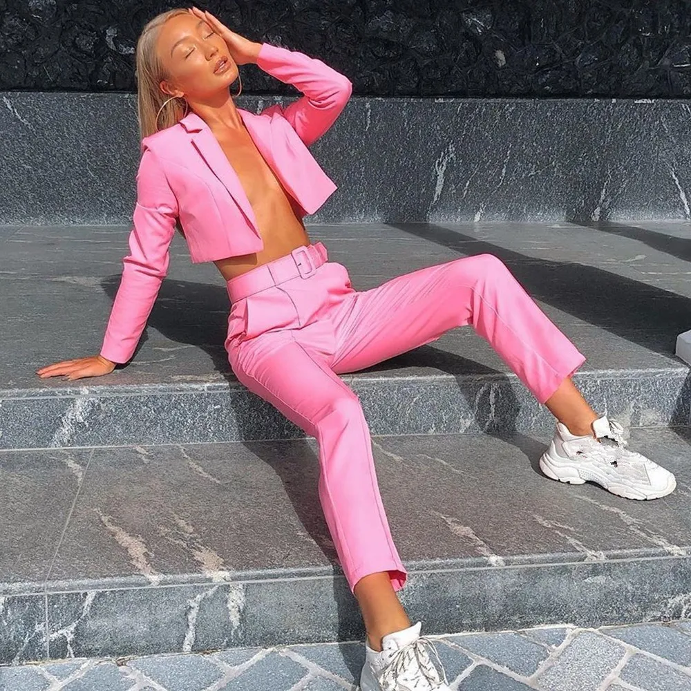 Укороченный топ и прямые брюки костюмы из двух частей женские флуоресцентные повседневные наряды Блейзер офисные костюмы