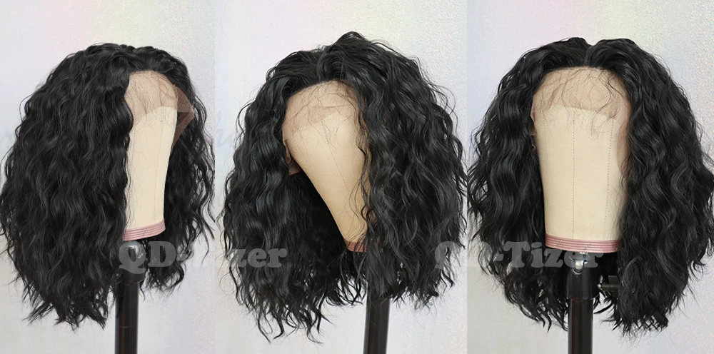 QD-Tizer Short Loose Curly Hair Lace Wigs Natural Hairline Black Color Hair Glueless Synthetic Lace Front Wigs for Women9