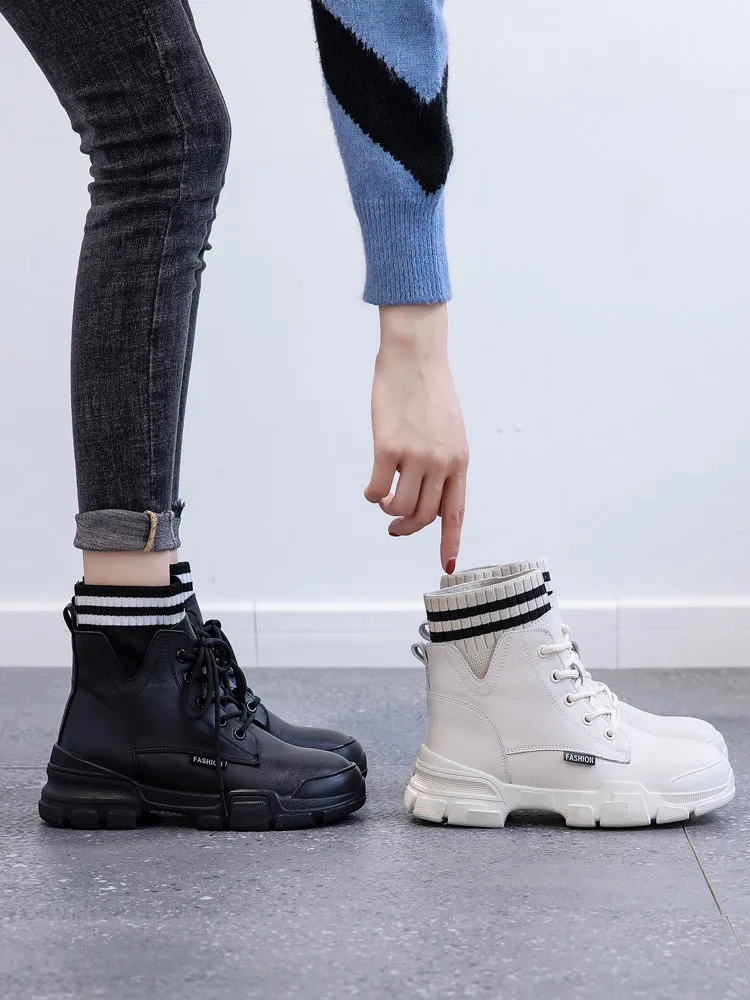 

Cowhide Martin Boots Women's British-Style 2019 New Style plus Velvet Versatile Thick Bottomed Tube Boots Knitted Short Boots Wo