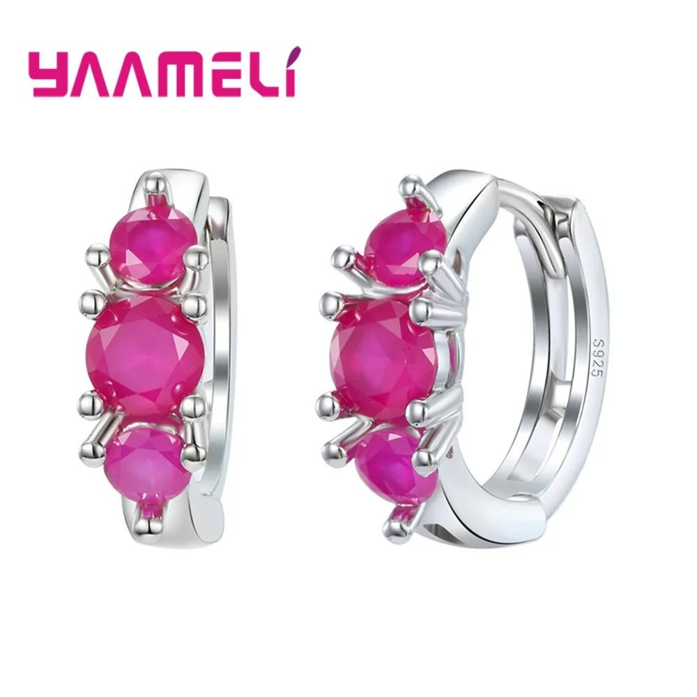 

Simple Brightly Personality 925 Sterling Silver Loop Hoop Earrings for Women Shining Fushia Zircon Inlay Pendientes Brincos