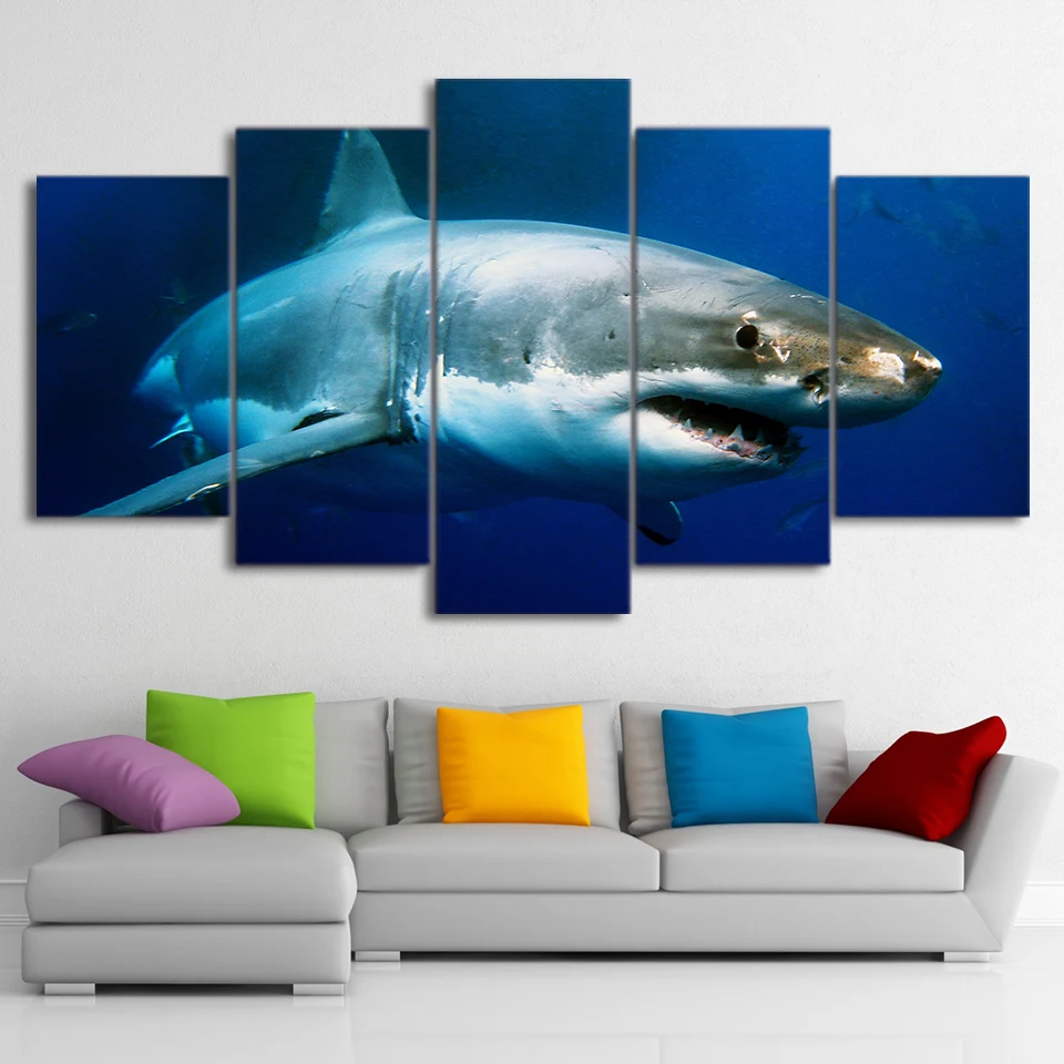 

Frame Wall Art Poster Home Decor Modern 5 Panel Blue Ocean White Shark Living Room Canvas HD Print Modular Pictures Painting