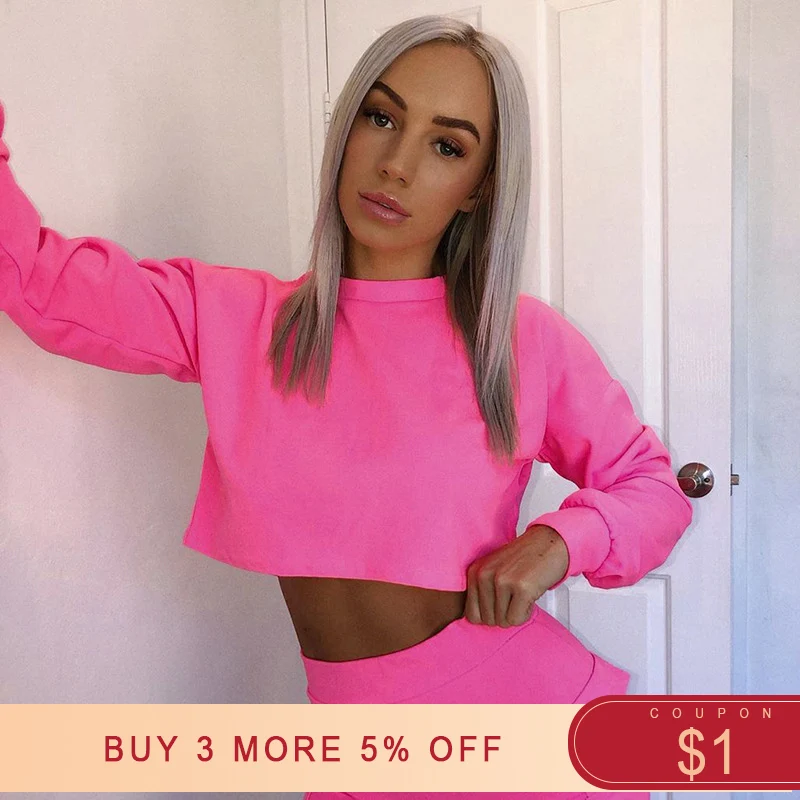 

Autumn Women Sweatshirt Casual Fashion Neon Long Sleeve Crop Tops Workout Basic Slim 2019 Hoodies Sale