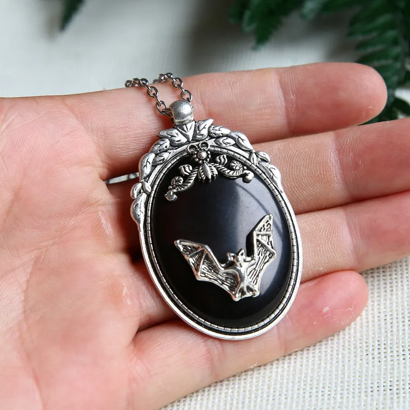 

Gothic Vampire Bat Necklace, Witch Necklace,Halloween Rock,Gothic Victorian Silver Framed Bat Cameo Necklace,gift for Bat Lover