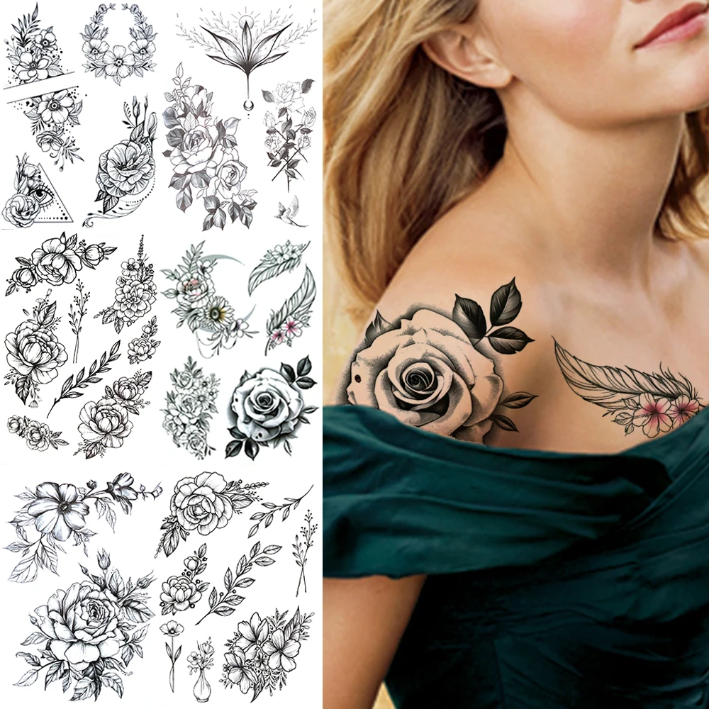 

Realistic Rose Fake Tattoo Sticker For Women Adults Flora Lily Peony Temporary Tattoos DIY Chest Arm Tatoos Paste Feather