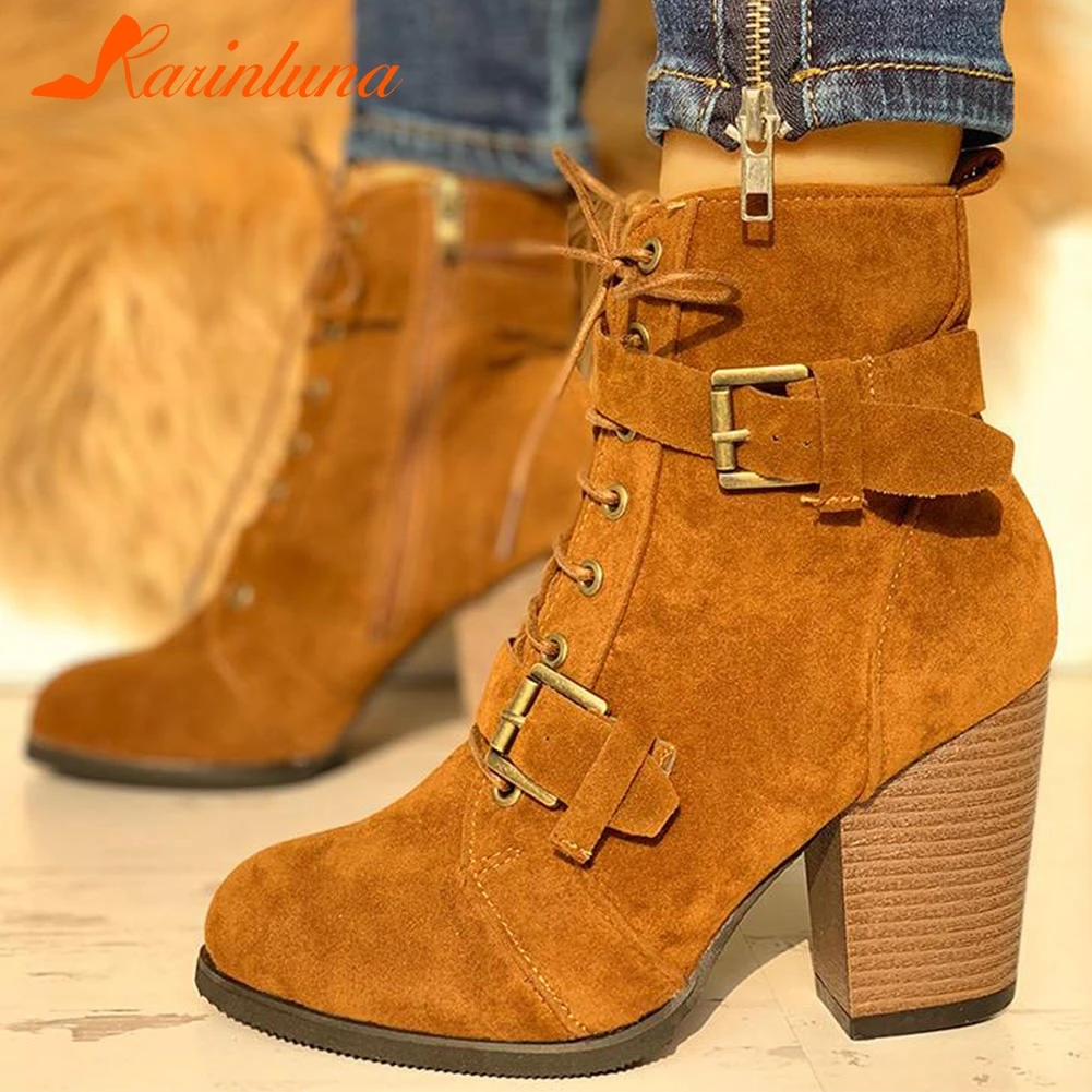 

Karinluna 2019 Dropship Classic Big Size 43 Ankle Boots Woman Shoes Retro Chunky High Heels Women Western Boots Female Shoes