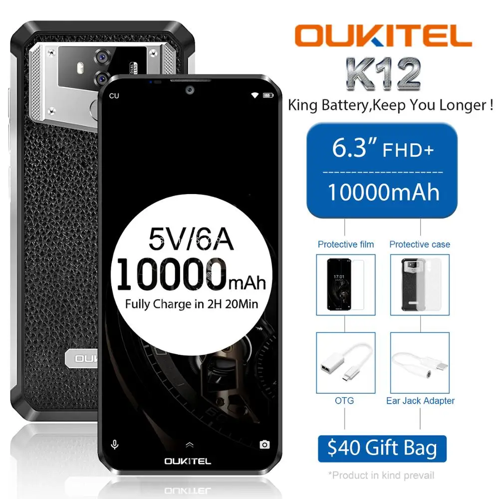 OUKITEL K12 Smartphone 6GB 64GB 6.3'' Waterdrop 1080*2340 Quick Charge Android 9.0 Face ID 5V/6A OTG10000mAh NFC Mobile Phone