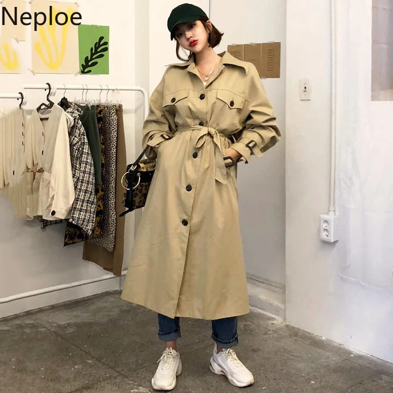 

Neploe Retro Single Breasted Long Overcoat 2019 Autumn Bandage Waist Jacket Long Sleeve Turn Down Collar Women Outwear 54152