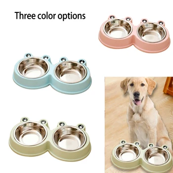 

2020 New Double-layer Pet Bowl Dog Food Feeder Stainless Steel Pet Waterer Cat And Dog Feeder Frog-shaped Small Dog Accessories