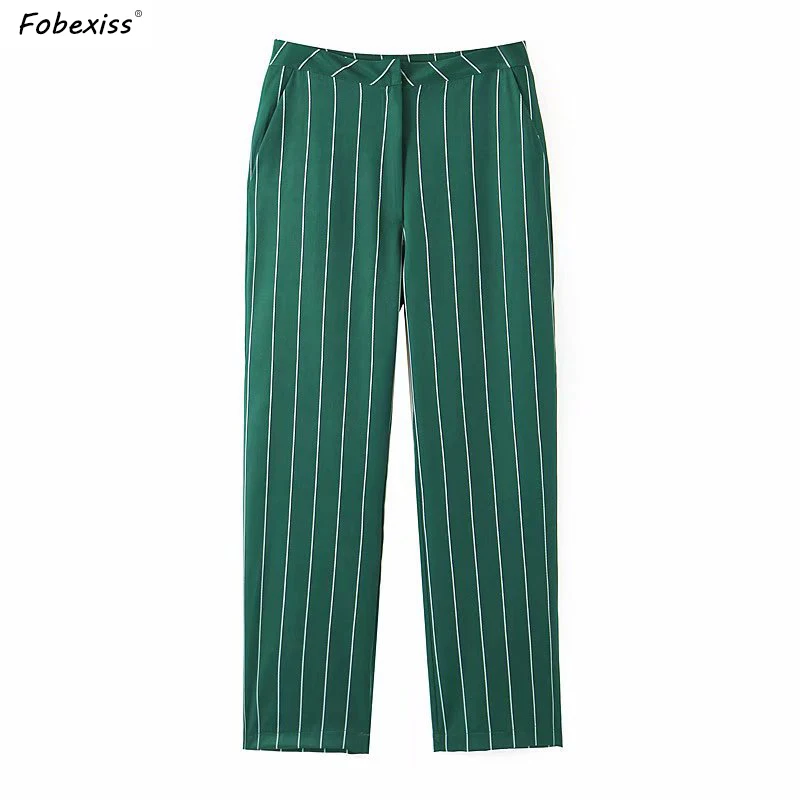 

High Waist Pants Women Vintage Green Striped Trousers Women Wide Leg Loose Pants Office Lady Pocket Zippers Buttoned Up Pants