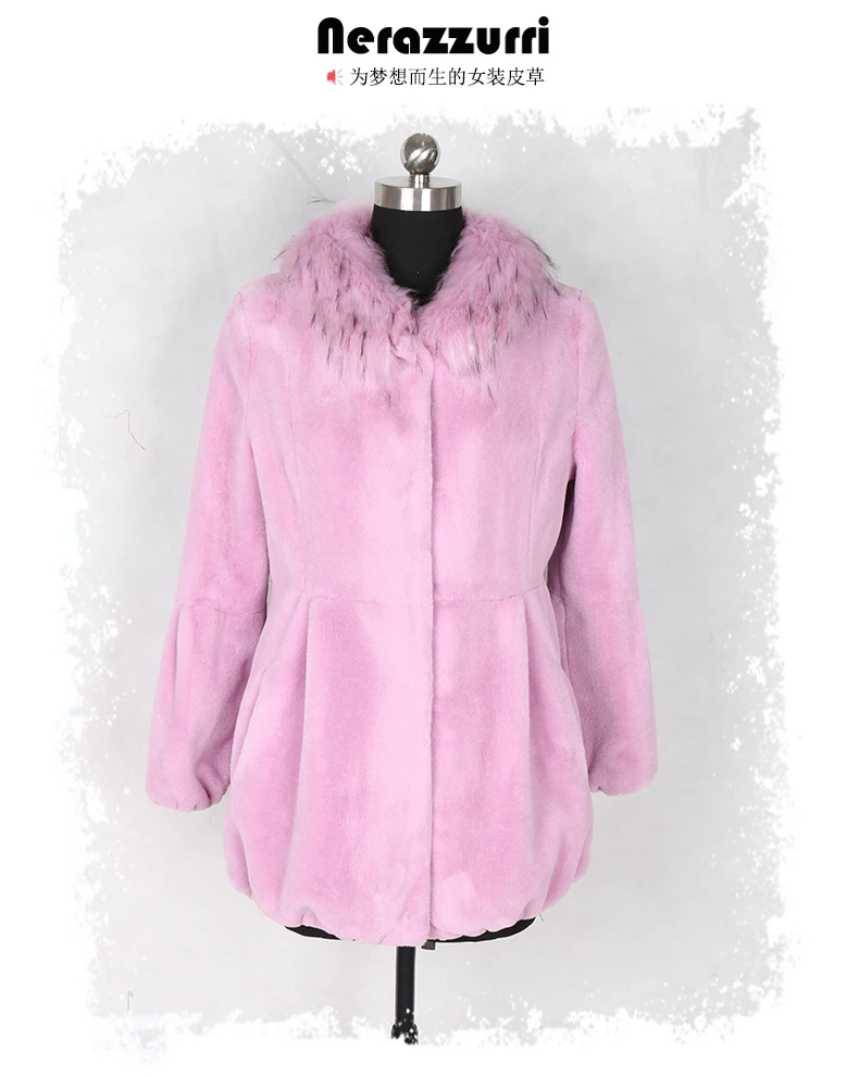 Nerazzurri/зимнее пальто из искусственного меха с воротником из лисьего меха, эластичная гофрированная кайма, пальто из искусственного меха, розовая, Лавандовая, пушистая куртка для женщин шуба из искусственного меха
